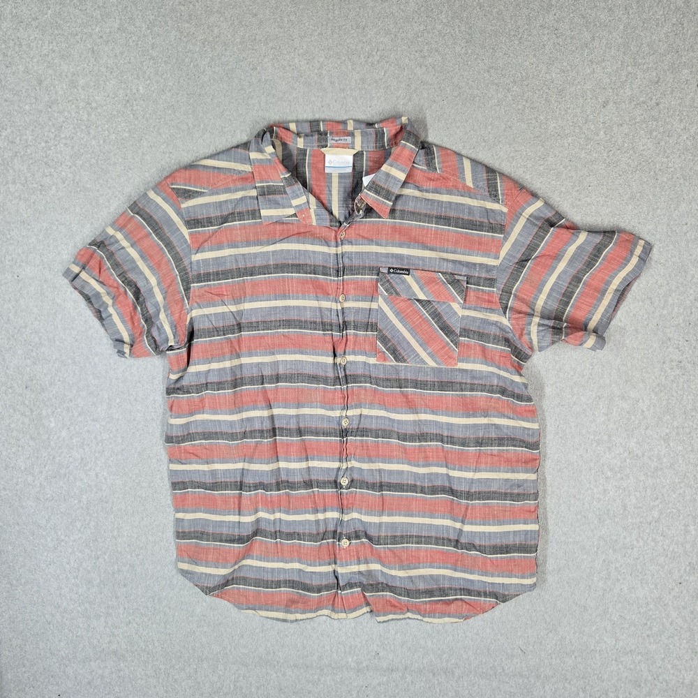 Columbia Men Button Up Shirt XL Red Striped Logo Short Sleeve